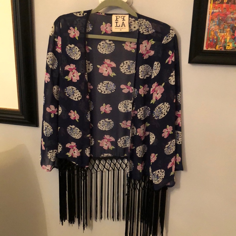 PPLA open sheer top with fringes at bottom and under arm, blue floral sz M